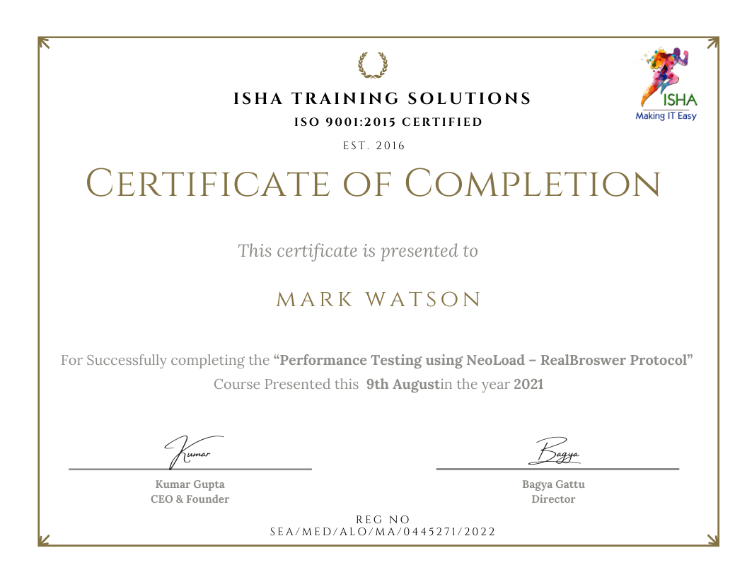 Isha Training Solutions Presents “Performance Testing using NeoLoad –  RealBroswer Protocol” Training